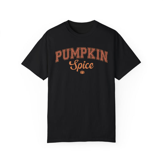 Black | Pumpkin Spice varsity and script font short sleeve T-shirt, fall coffee lover graphic tee
