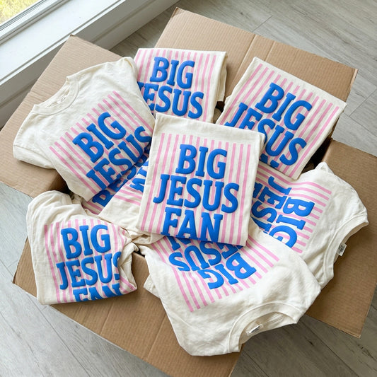 Big Jesus Fan Graphic Tee – Faith Based Pink & Blue Retro Christian Shirt