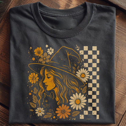 Boho Floral Witch Graphic Tee – Vintage Halloween T-Shirt with Cat & Daisies