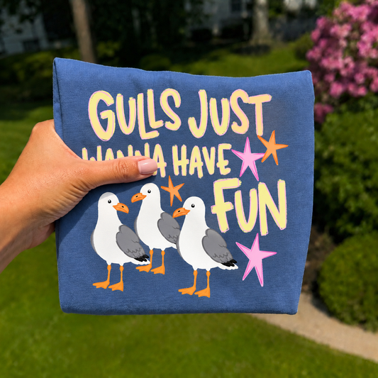 Woman holding a folded blue Comfort Colors graphic T-shirt featuring the phrase "Gulls Just Wanna Have Fun" with three playful seagulls and colorful retro star accents, photographed outdoors on a sunny day.