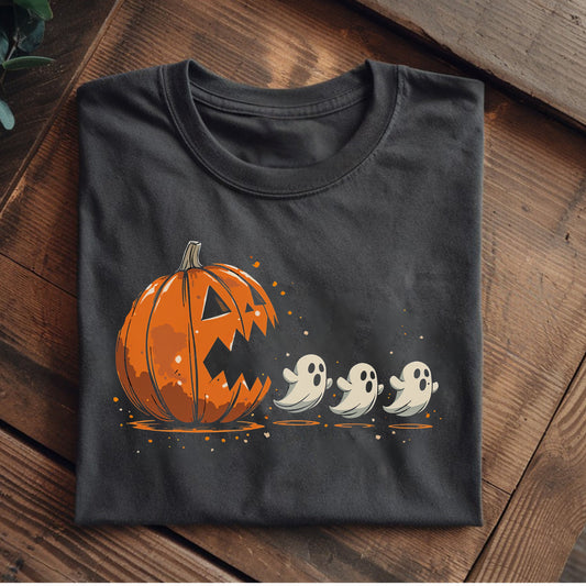 Gray tshirt with an orange jack 'o lantern and three small ghosts positioned in the way of a vintage arcade game.