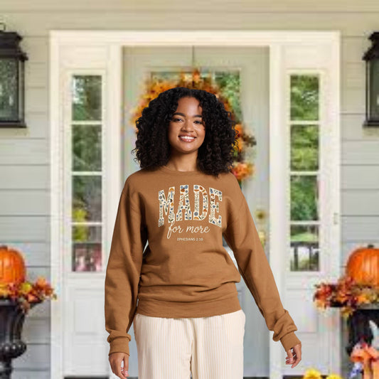 S, M, L, XL, 2XL, 3XL, Golden pecan crewneck with cream faux embroidery, autumn flowers, vines, acorns, and mushrooms, Christian apparel