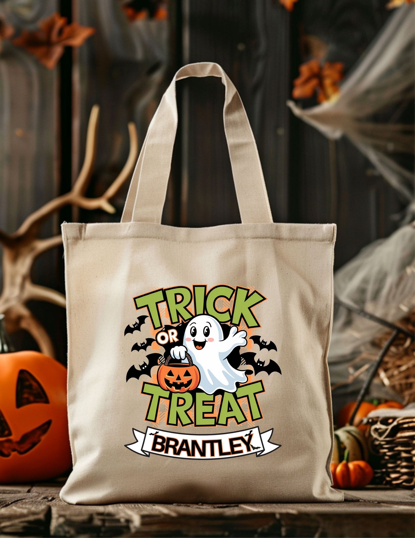 Boy Ghost/Design 6 | Kids Halloween Candy Bag – Personalized Ghost Trick-or-Treat Tote