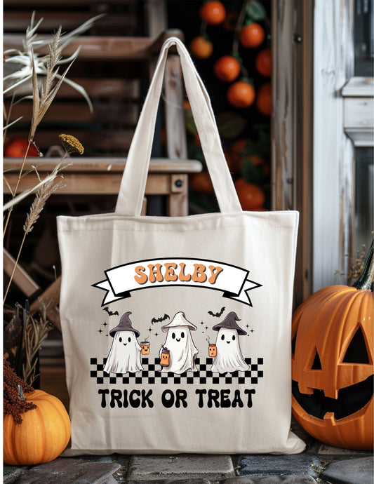 Three Ghosts/Design 1 | Personalized Halloween Trick-or-Treat Bag – Canvas Tote with Ghost Design