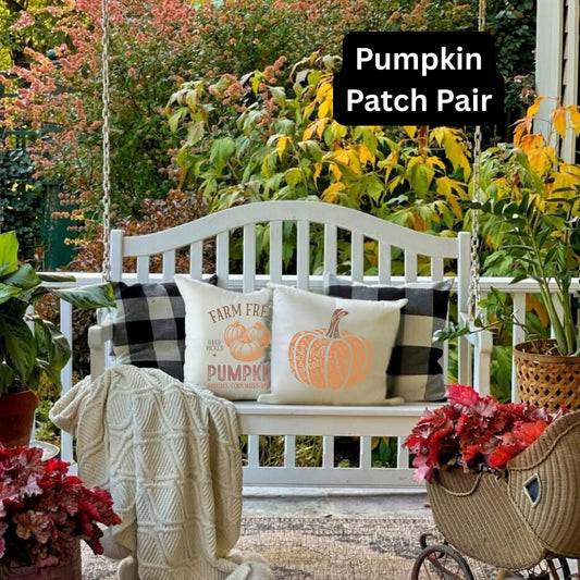 Pumpkin Patch Pair | A pair of Pumpkin themed throw pillows sitting on a chair in a living room decorated for fall