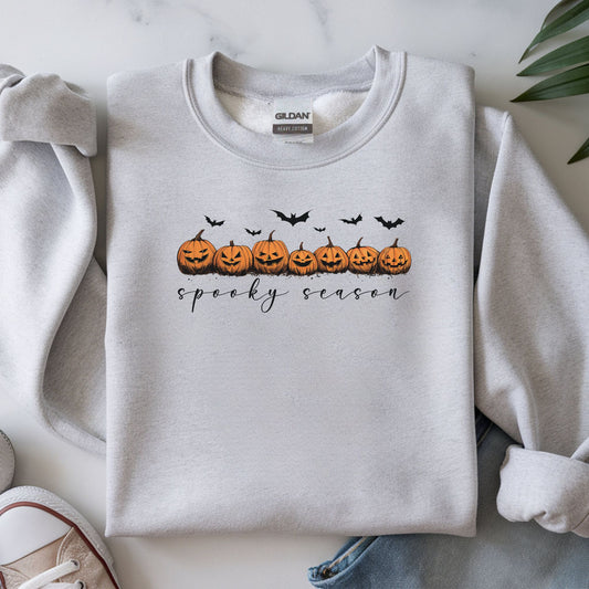 Spooky Season Bats & Pumpkins Light Gray Sweatshirt – Cozy Fall Halloween Pullover