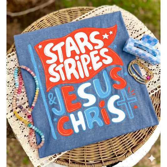 Stars Stripes & Jesus Christ Graphic Tee – Patriotic Faith Based Shirt