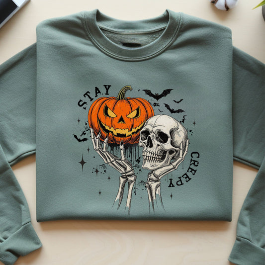 Stay Creepy Halloween Sweatshirt – Vintage Skull & Pumpkin Graphic Pullover