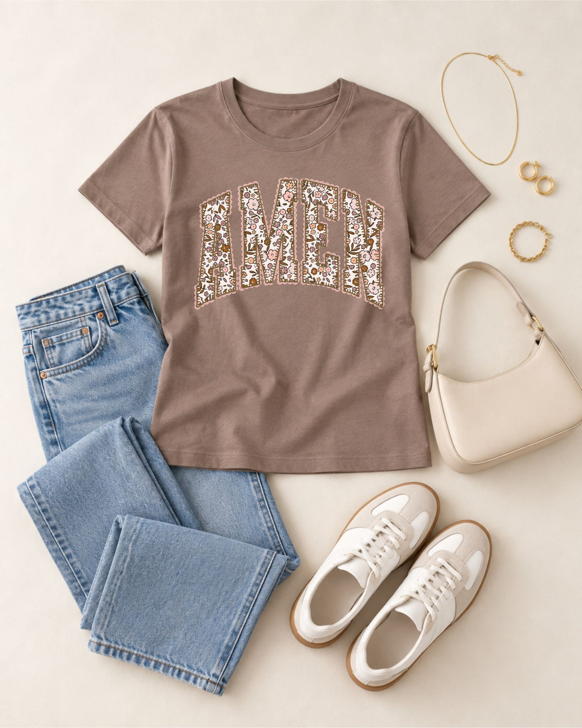 AMEN floral Christian graphic tee in espresso styled flat lay