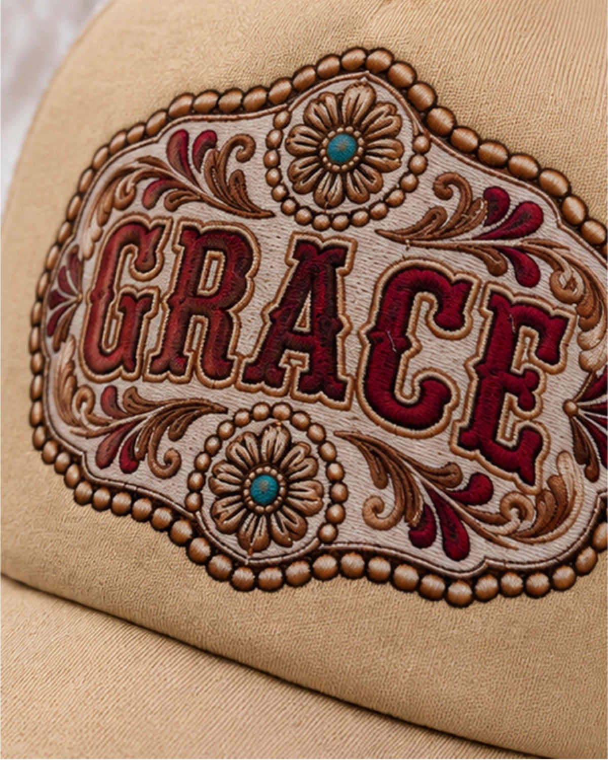 Close view Grace western buckle and turquoise accents on tan foam front