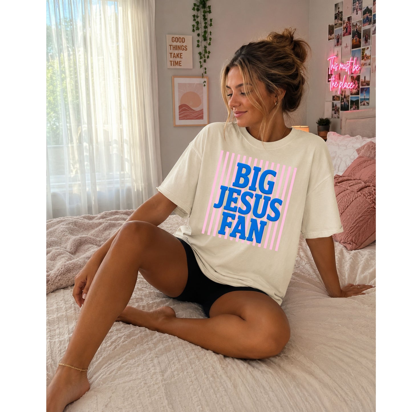 Big Jesus Fan Graphic Tee – Faith Based Pink & Blue Retro Christian Shirt