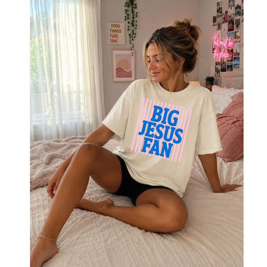 Big Jesus Fan Graphic Tee – Faith Based Pink & Blue Retro Christian Shirt
