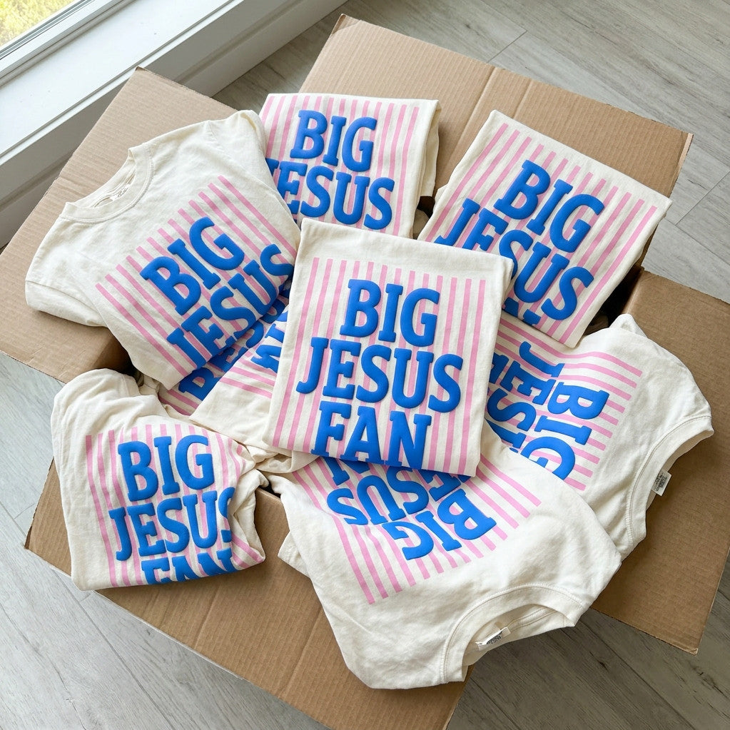 Big Jesus Fan Graphic Tee – Faith Based Pink & Blue Retro Christian Shirt