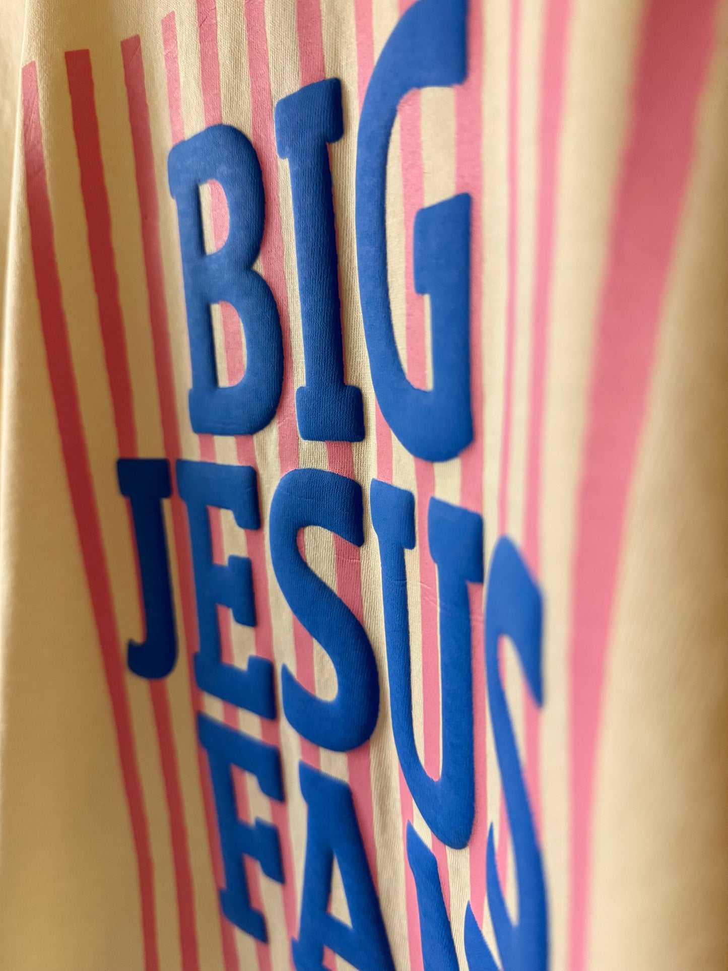 Big Jesus Fan Graphic Tee – Faith Based Pink & Blue Retro Christian Shirt