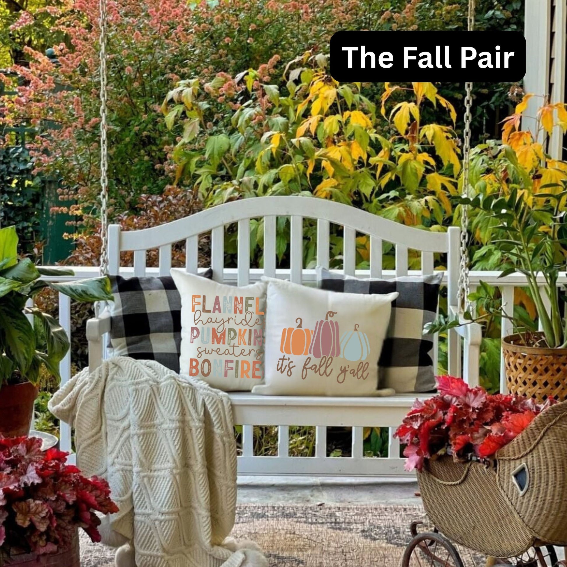 The Fall Pair | A pair of Fall themed throw pillows sitting on a chair in a living room decorated for fall