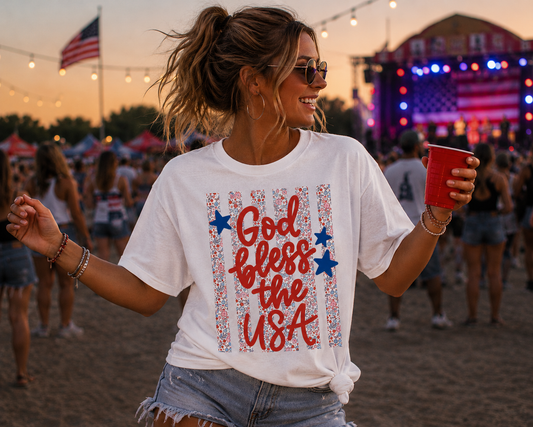 God Bless the USA Floral Stripe Graphic Tee – Patriotic Americana Summer Shirt