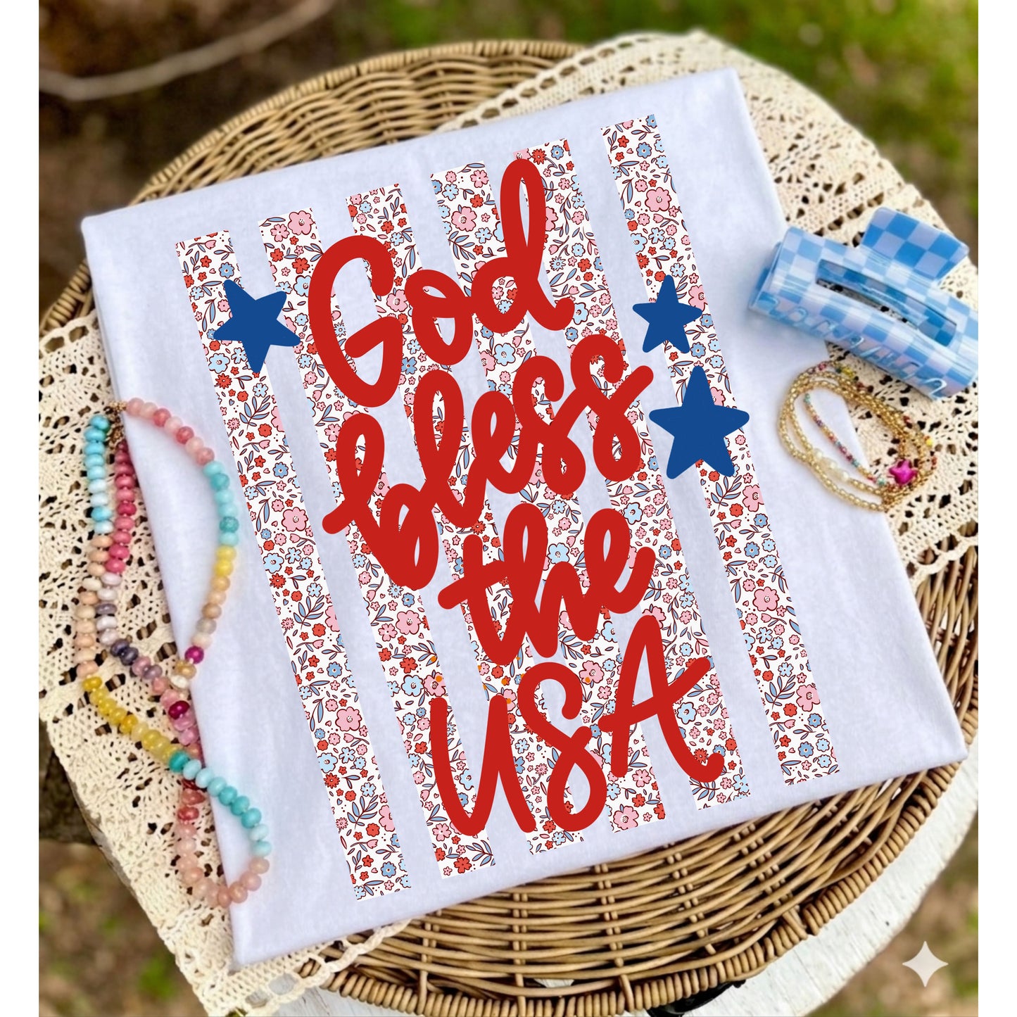 God Bless the USA Floral Stripe Graphic Tee – Patriotic Americana Summer Shirt