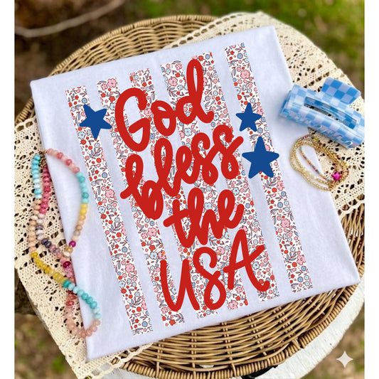 God Bless the USA Floral Stripe Graphic Tee – Patriotic Americana Summer Shirt