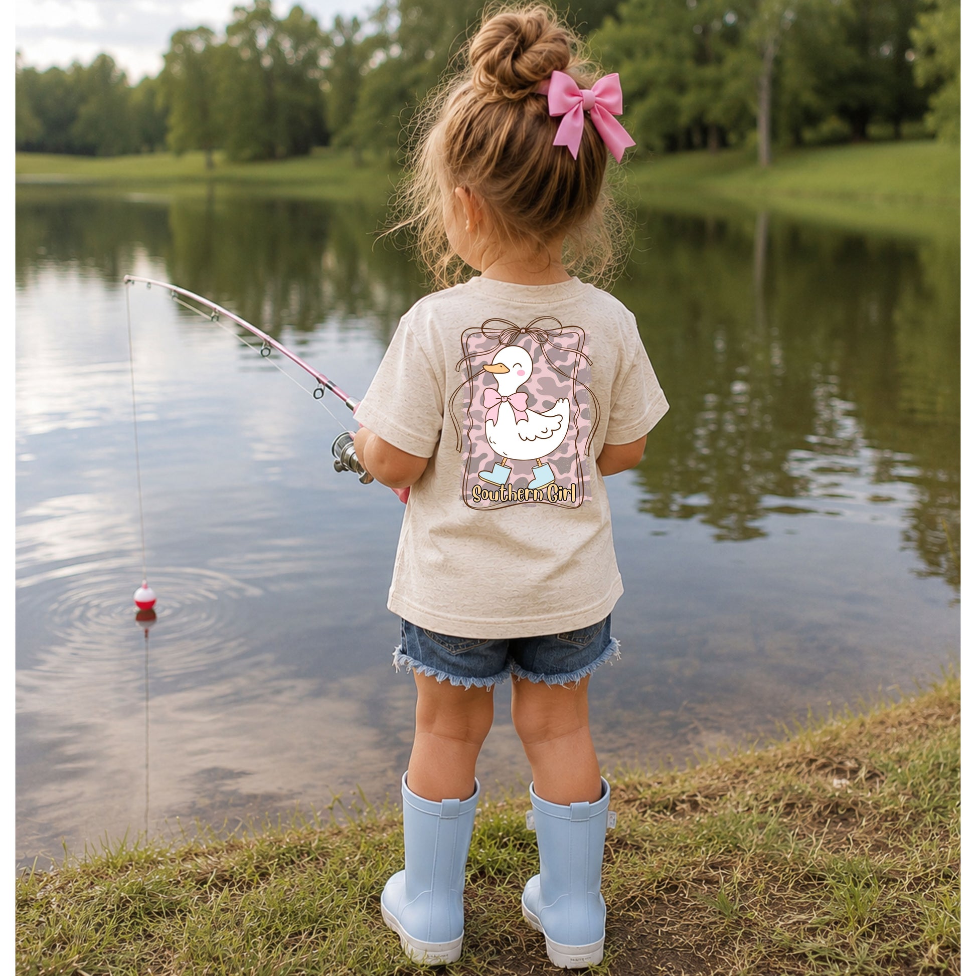 Child fishing by a lake wearing a shirt with a goose design.