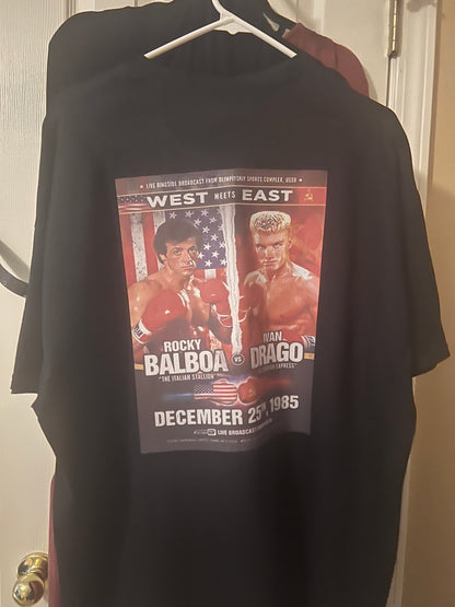 Black t-shirt with a boxing match poster design on a white background