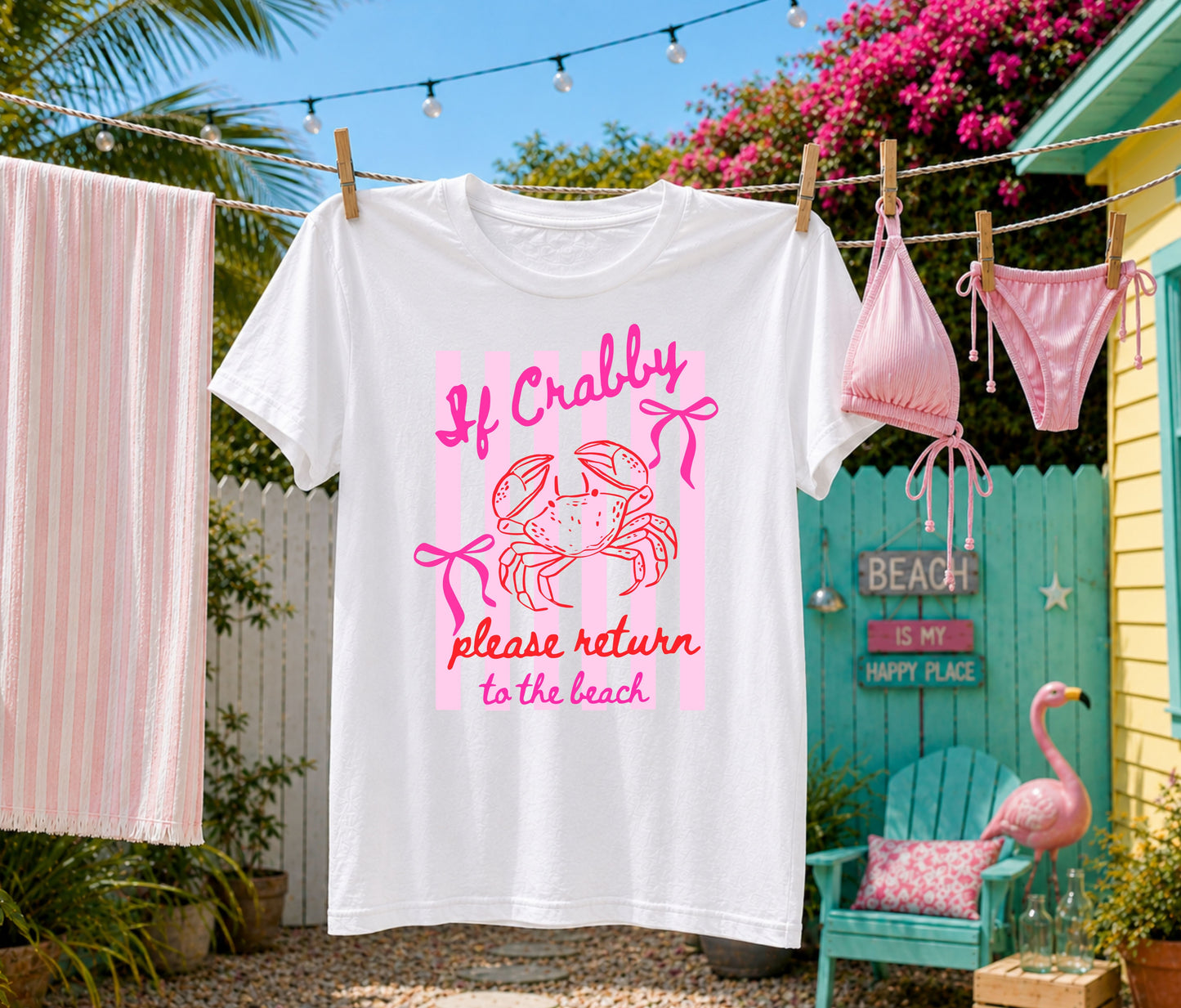 White graphic T-shirt hanging on a backyard clothesline featuring a pink "If Crabby, Please Return to the Beach" crab design with coastal décor, beach cottage, and tropical summer setting.
