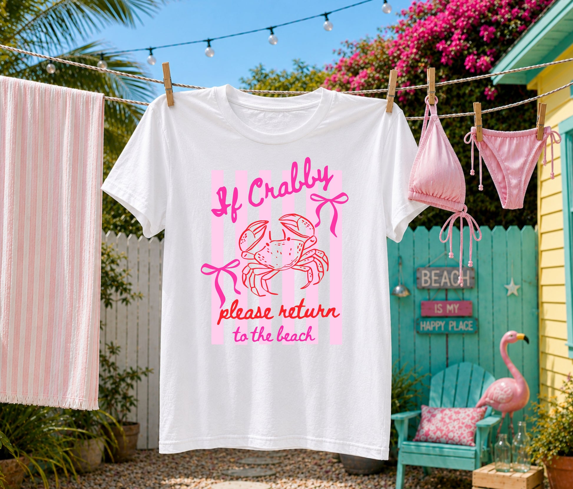 White graphic T-shirt hanging on a backyard clothesline featuring a pink "If Crabby, Please Return to the Beach" crab design with coastal décor, beach cottage, and tropical summer setting.