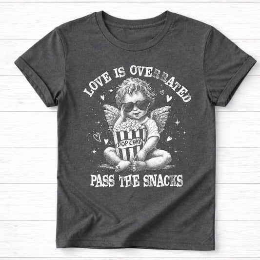Love Is Overrated “Pass the Snacks” Charcoal Graphic Tee