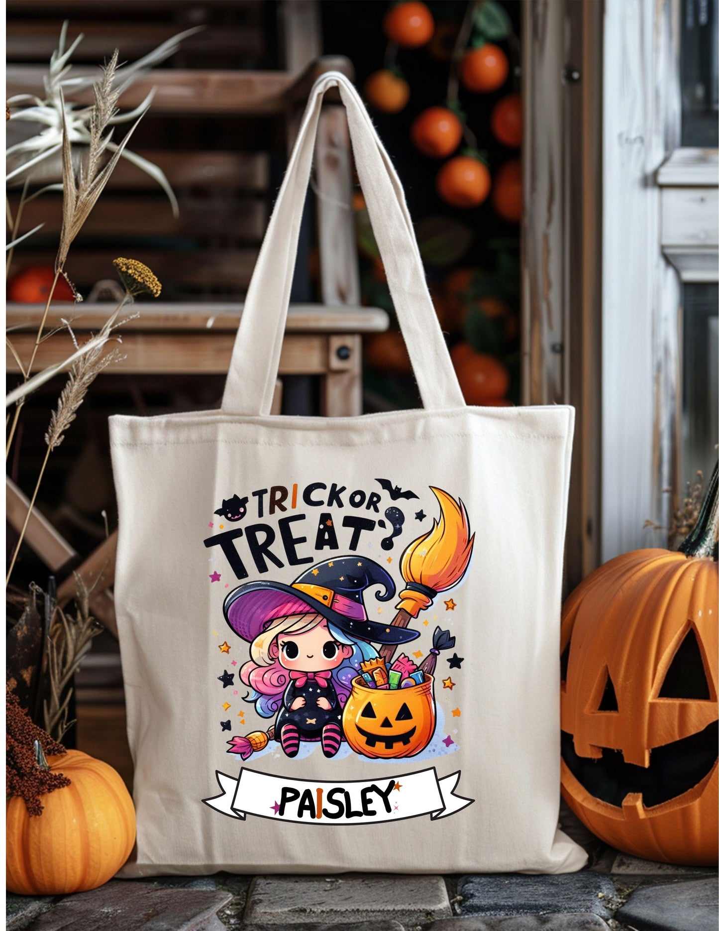 Little Witch/Design 8 | Cute Witch Halloween Bag – Personalized Trick-or-Treat Tote for Kids