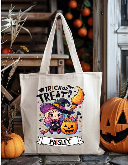 Little Witch/Design 8 | Cute Witch Halloween Bag – Personalized Trick-or-Treat Tote for Kids