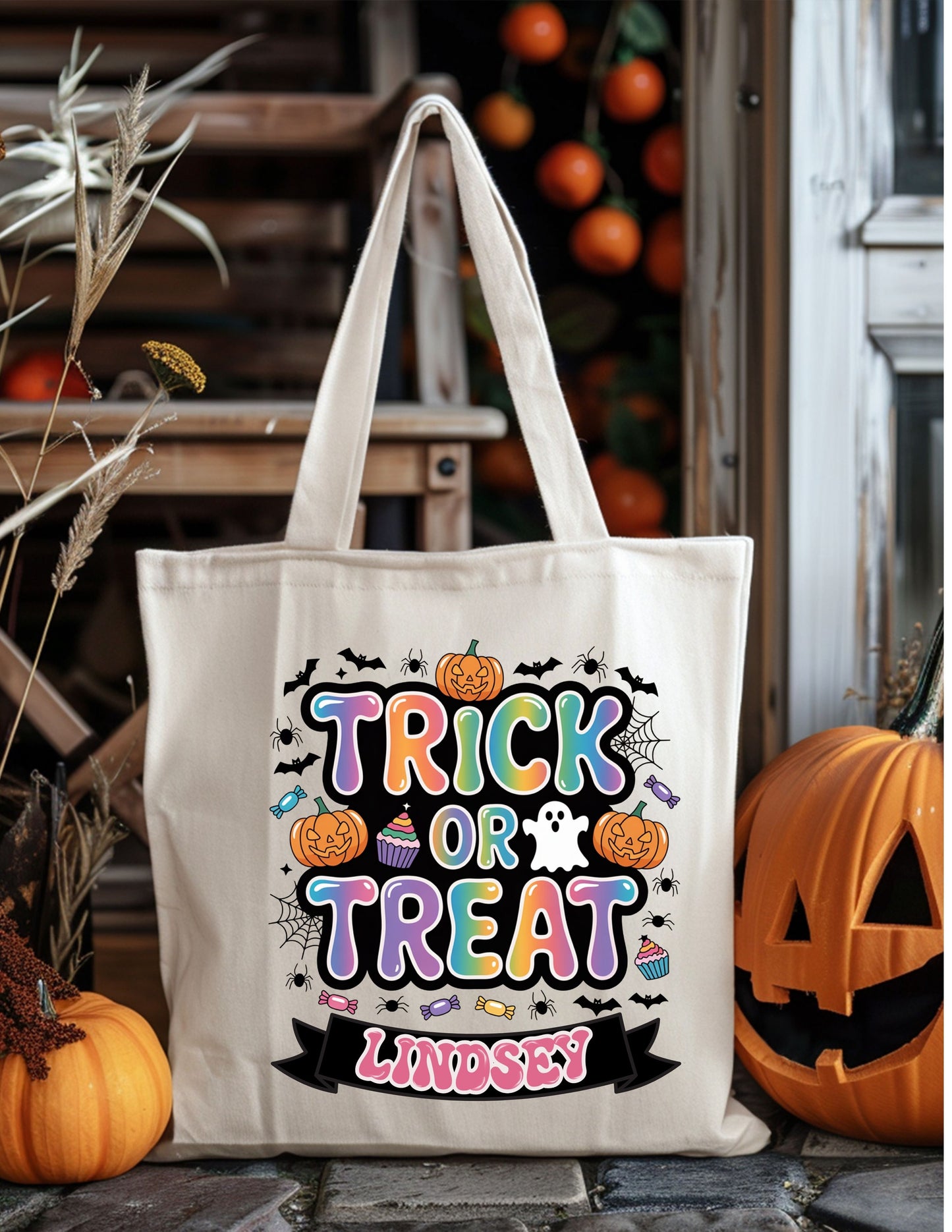Rainbow TOT/Design 3 | Bright Halloween Trick-or-Treat Bag – Personalized Canvas Candy Tote