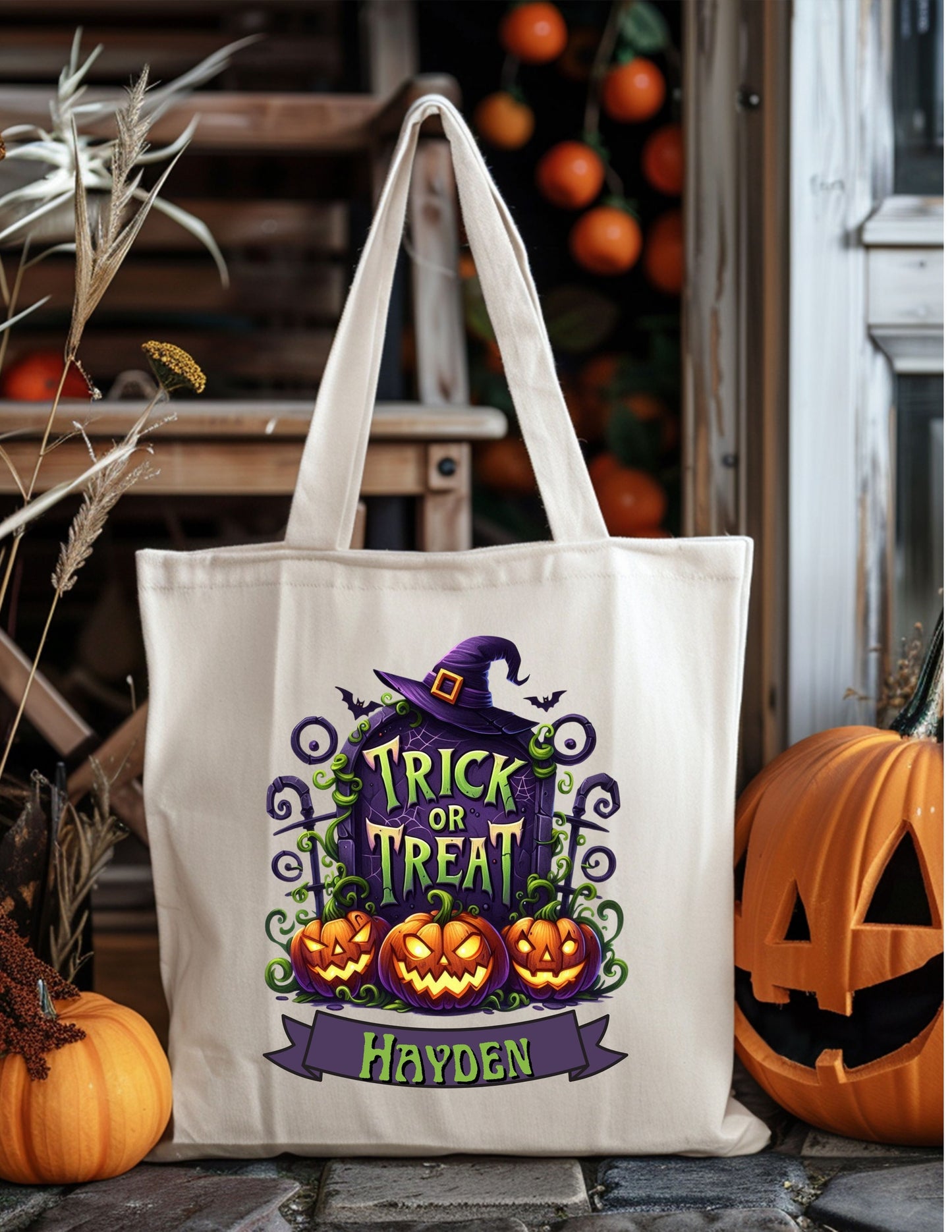 Witch's Grave/Design 5 | Spooky Halloween Tote – Custom Trick-or-Treat Bag with Witch Design