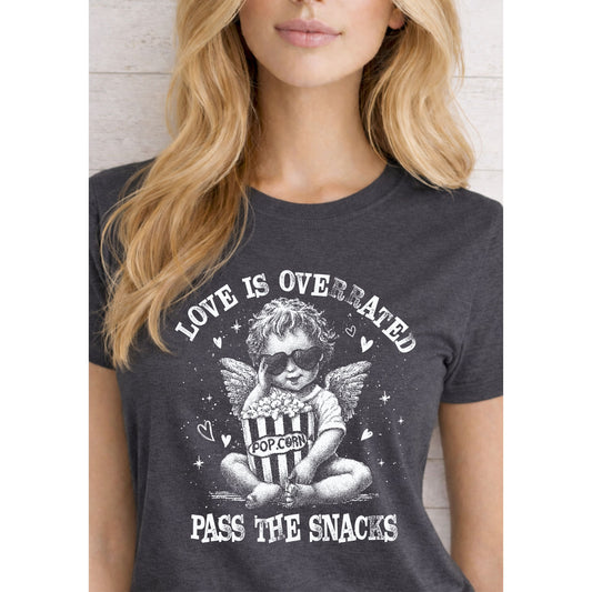 Love Is Overrated “Pass the Snacks” Charcoal Graphic Tee