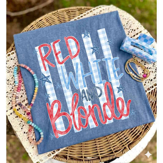 Blue towel with 'Red White and Blonde' text on a woven surface