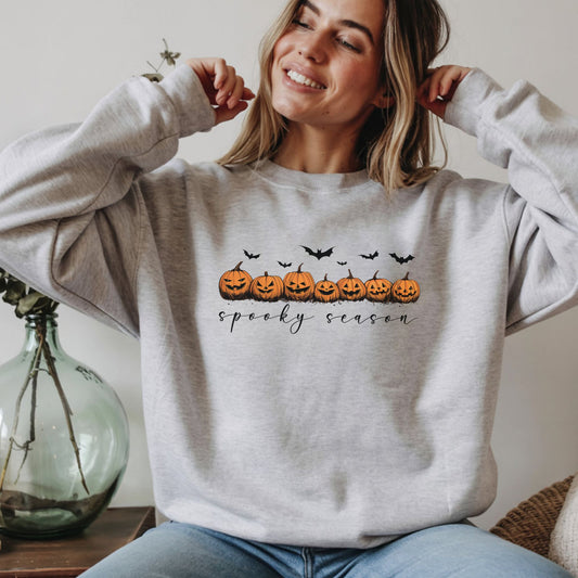 Spooky Season Bats & Pumpkins Light Gray Sweatshirt – Cozy Fall Halloween Pullover