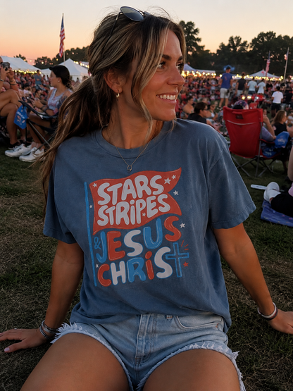 Stars Stripes & Jesus Christ Graphic Tee – Patriotic Faith Based Shirt