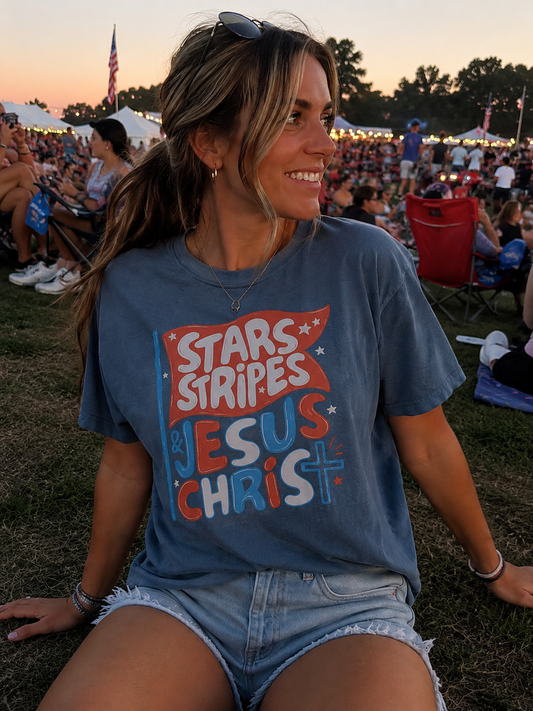 Stars Stripes & Jesus Christ Graphic Tee – Patriotic Faith Based Shirt