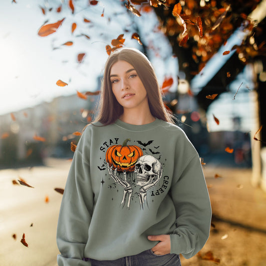 Stay Creepy Halloween Sweatshirt – Vintage Skull & Pumpkin Graphic Pullover