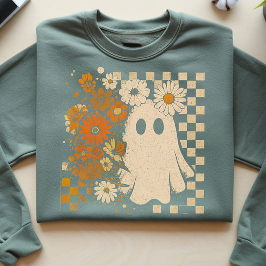 Retro Ghost Floral Sweatshirt – Cute Spooky Season Pullover with Groovy Flowers