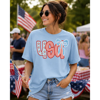 USA Bow Graphic Tee – Coquette Patriotic Summer Shirt