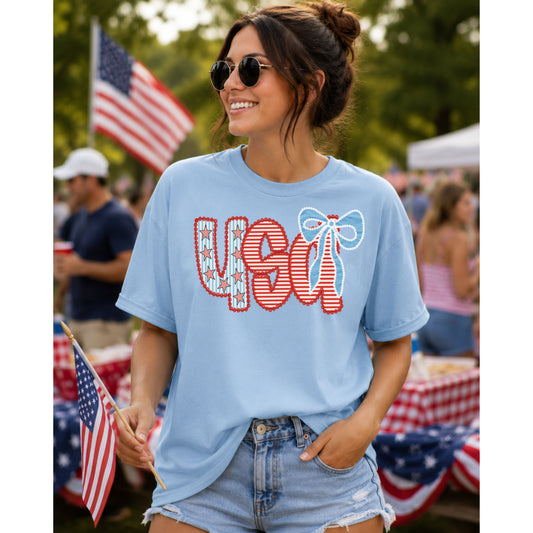 USA Bow Graphic Tee – Coquette Patriotic Summer Shirt