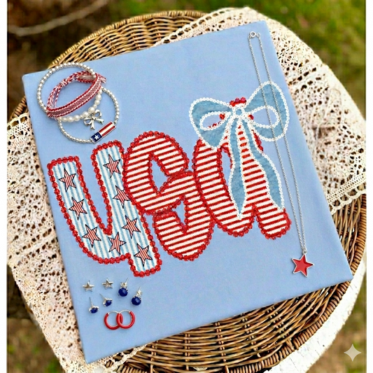 USA Bow Graphic Tee – Coquette Patriotic Summer Shirt