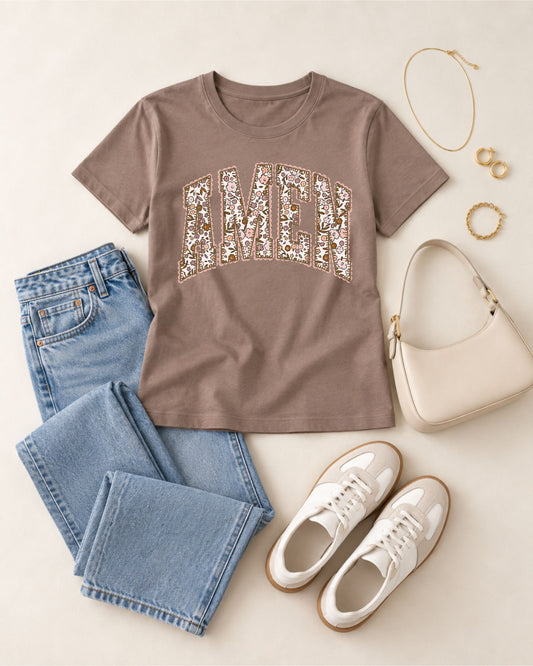 AMEN floral Christian graphic tee in espresso styled flat lay