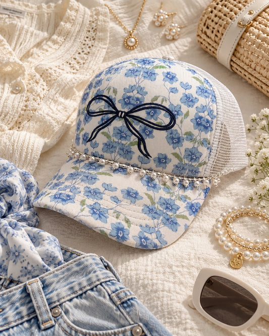 Styled blue floral trucker hat with pearls and navy bow