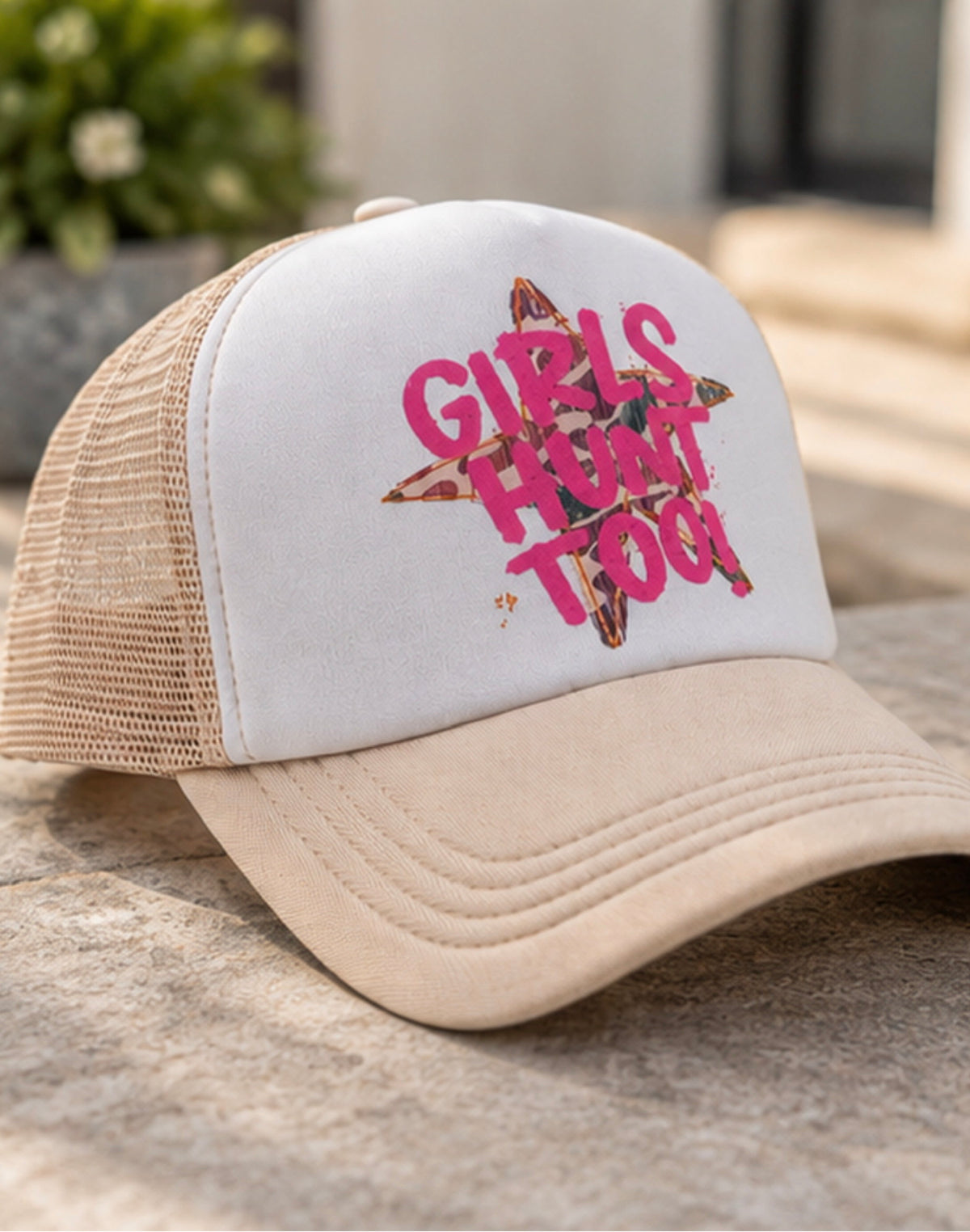 Angled Girls Hunt Too tan brim cream mesh snapback cap