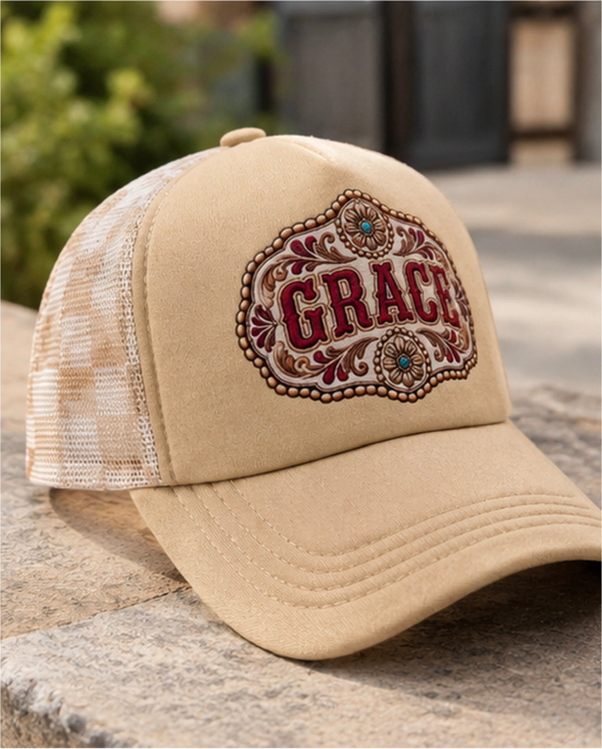 Grace Christian tan trucker hat with cream beige plaid mesh side