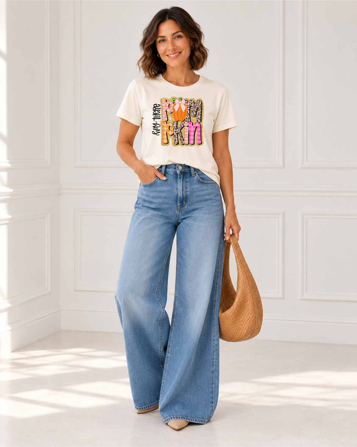 Woman wearing an ivory Hey There Pumpkin graphic tee with wide-leg jeans and a tan hobo bag