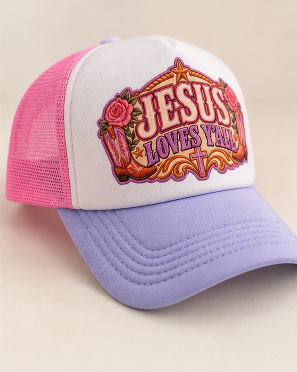 Angled Jesus Loves Y'all Christian hat with lavender bill and pink mesh