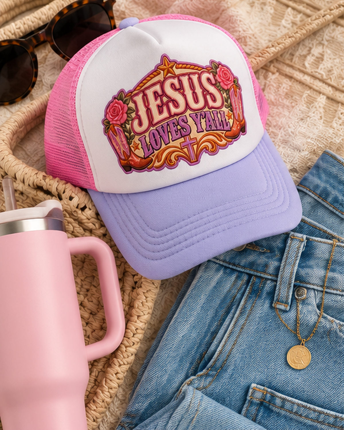 Styled Jesus Loves Y'all trucker hat with denim and accessories