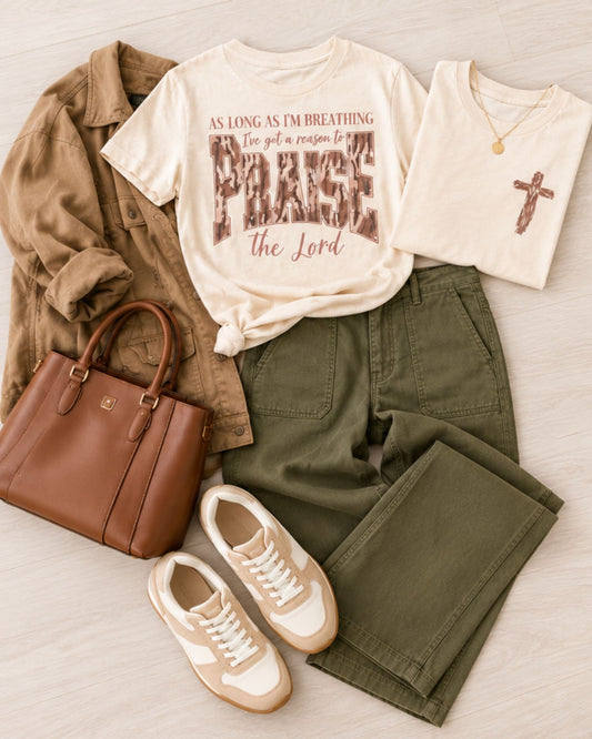 Reason to Praise Christian tee back with ivory trousers