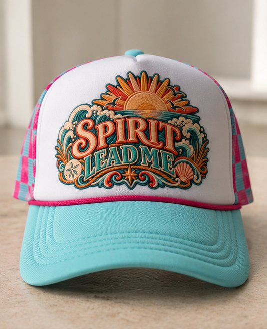 Spirit Lead Me Christian hat white front turquoise bill and pink turquoise plaid mesh